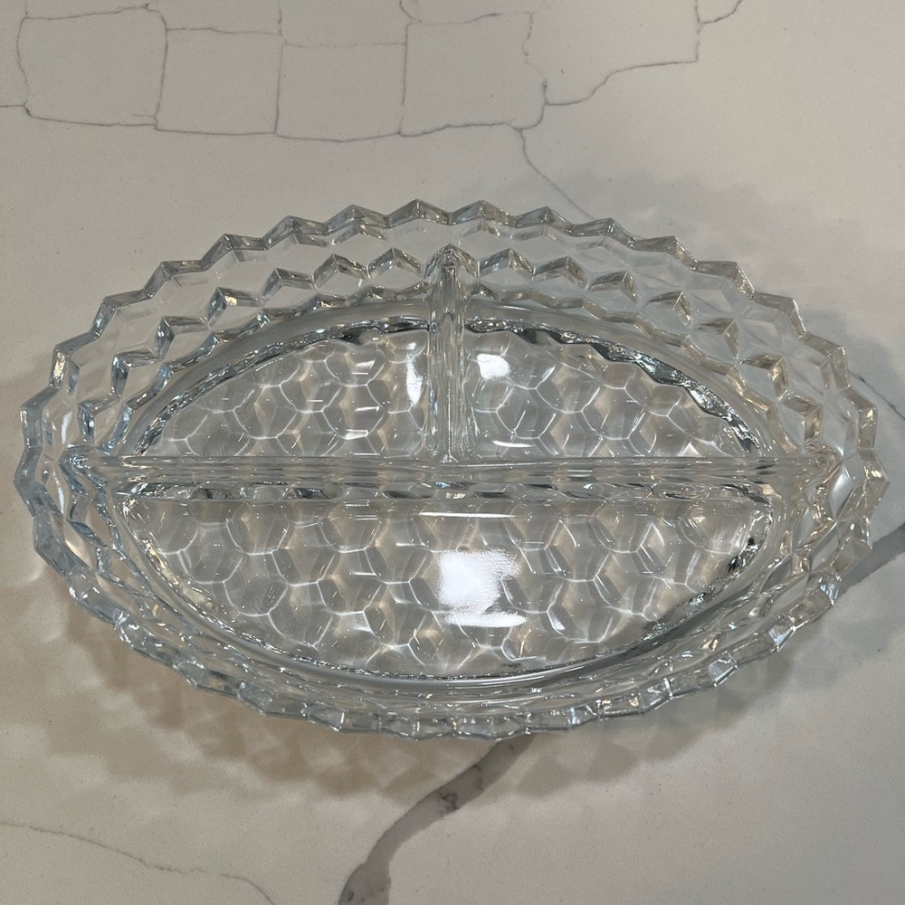 Vintage MCM Fostoria American Clear 3 Part Oval Relish 10” Geometric Glass Dish